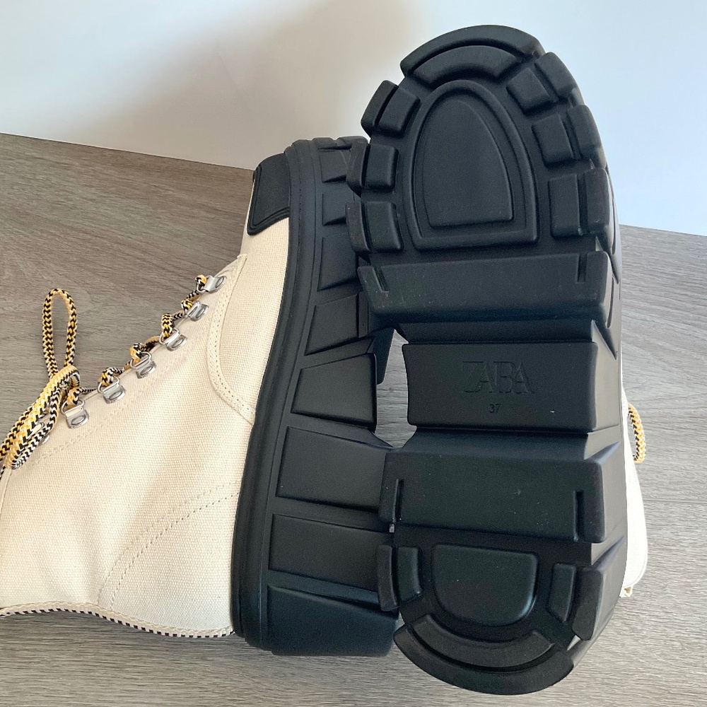 ZARA Off White Canvas Chunky Heel Boots Size 6.5 EU 37 - Picture 8 of 12